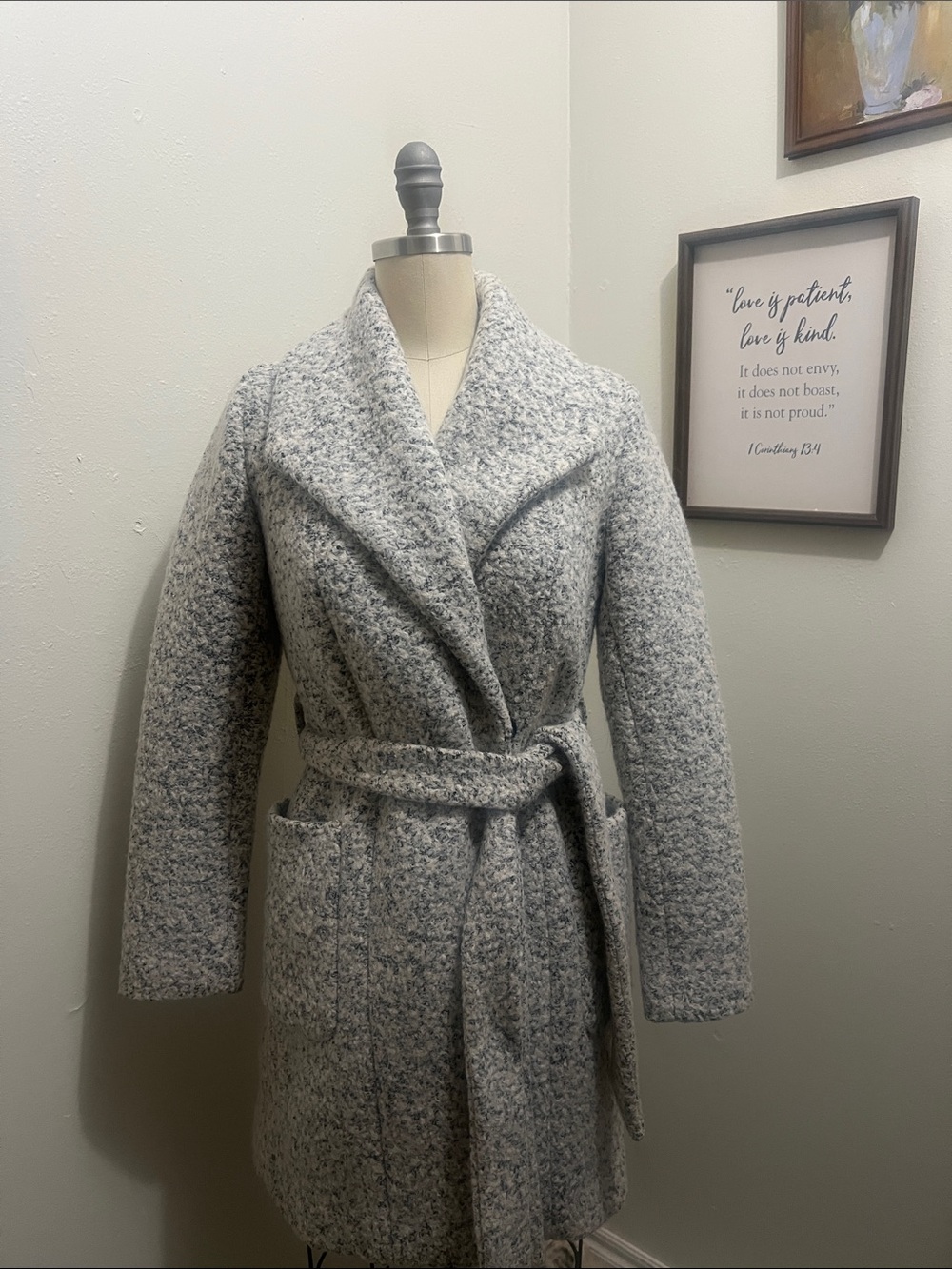 Express Light Gray Belted Wool-Blend Wrap Trench Coat